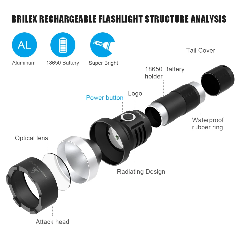 BRILEX Tactical Flashlight Rechargeable LED Torches Packed with 18650 Rechargeable Battery 2600mAh Adjustable Arm Classic Black.