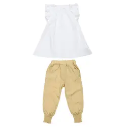 Комплект модной летней одежды для девочек из 2 предметов, белая блуза топ без рукавов + желтые длинные штаны, повседневные Твердые наряды