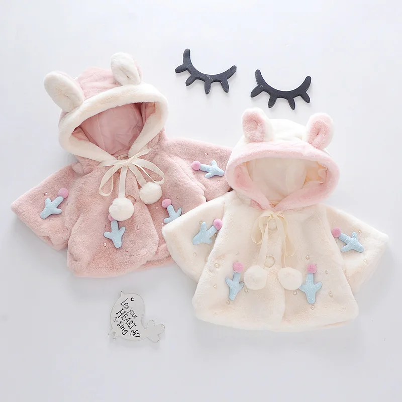 

New cute girl shawl jacket children cartoon imitation rabbit fur hooded sweater out pearl decoration baby jacket baby coat