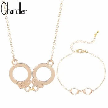 Chandler Silver Gold Color Plated Handcuffs Pendant Necklaces Bracelet For Women Menottes Design Mujer Love Maxi Jewelry Set