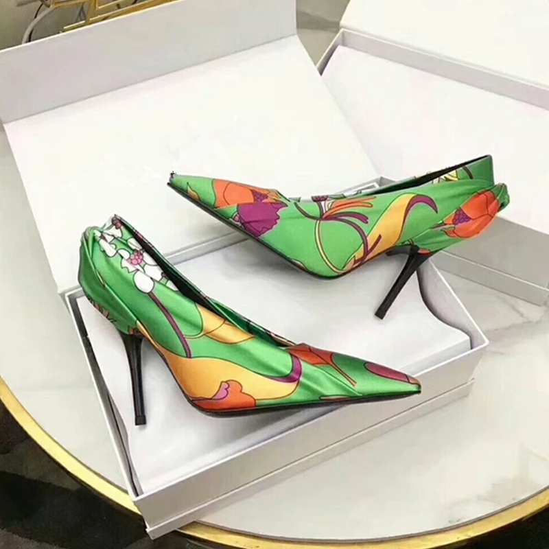 

Fashion Printed Women Silk Pumps Sexy Pointed Toe Slip On Stiletto High Heels Shoes Office Party Casual Shoes Tenis Feminino 40