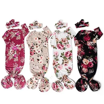 

0-6M Newborn Infant Kid Baby Girl Cotton Soft Blanket Flower Sleeping Bag Swaddle Sack Wrap Headband 2Pcs Baby Clothes Outfits