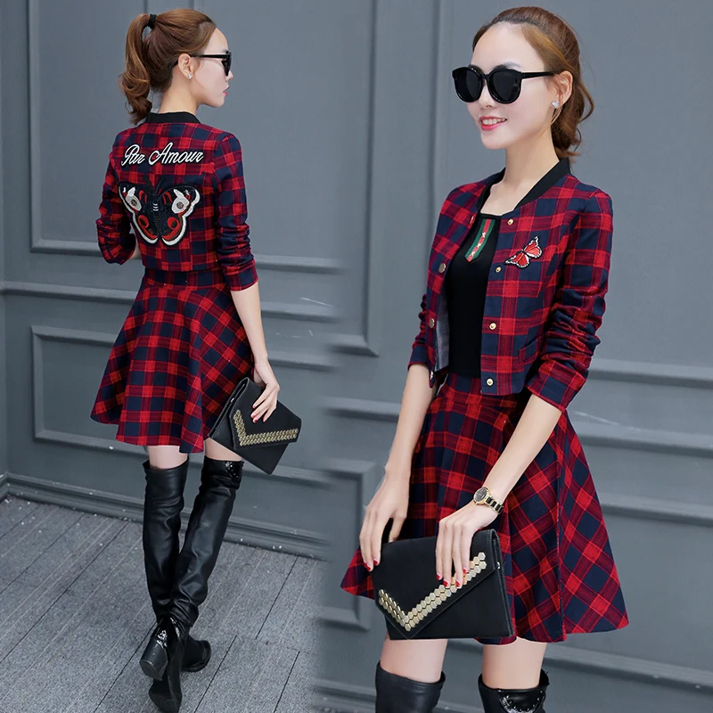 

Spring and Autumn Winter new fashion ladies temperament skirt long sleeve plaid dress (3 colors optional)