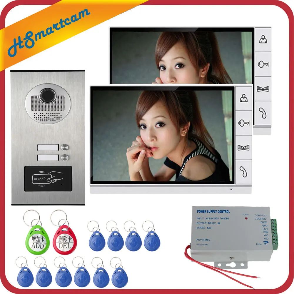 9 inch Home Video Interphone Doorphone Bell Kits Home Families Door Inductive Card Camera with 2 Monitor Intercom Systems