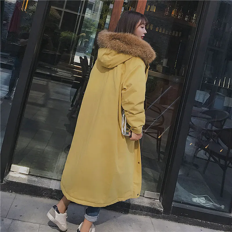 Lâche Nouveau Raton À Veste Épais Real Down Fourrure De Hiver Femme Laveur Capuche D'hiver Manteau 2018 Long Collier Jaune Big Parka Chaud pH07tqw