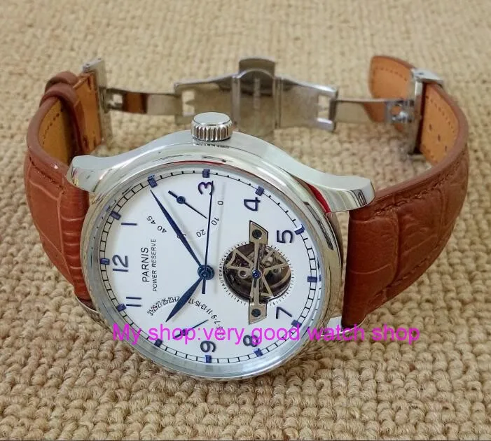 

43MM PARNIS Butterfly buckle ST2530 Automatic Self-Wind movement white dial power reserve men's watch brown Leather Strap