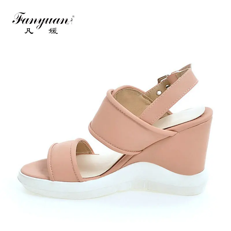 

2017 Summer  Casual Women Sandals Super High Wedges Heels Ankle Two Buckle Straps Platform Solid Fashion Female Shoes Hot Sale