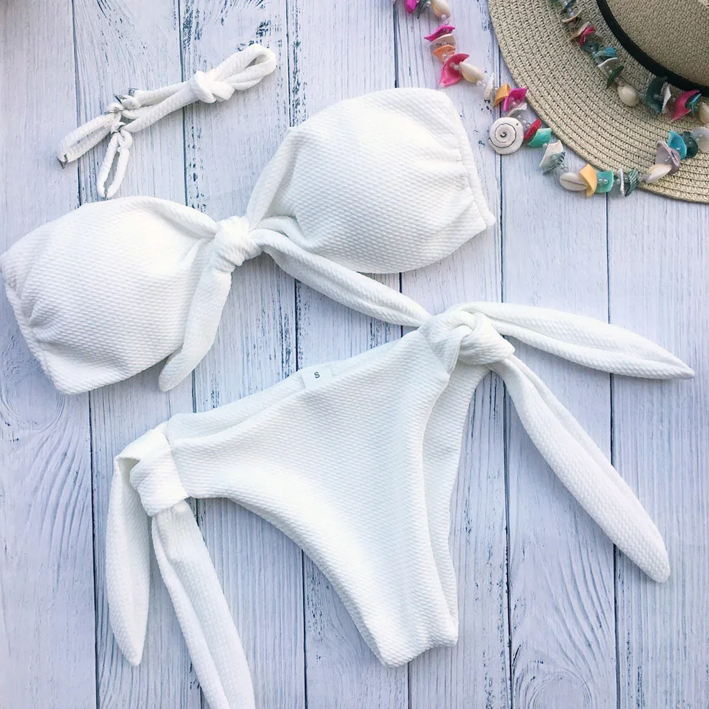 

Beachwear Women Sexy Bikini Set Push-Up Padded Bow Swimwear Bikini Set Women's Pure Bow-tied Bikini Swimming Suit A30411