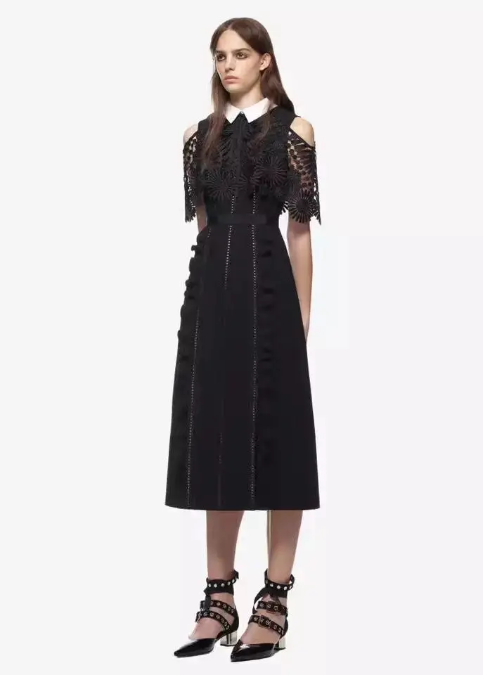 Self Portrait dresses runway women fashion lace Long A line dress peter pan collar off the shoulder midi cloak Vestido robe