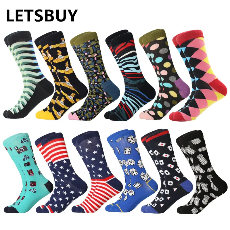 

LETSBUY 12 pairs / lot colorful For men's cotton funny winter Warm plain ,,MEN socks novelty Fashionable men's wedding socks gif