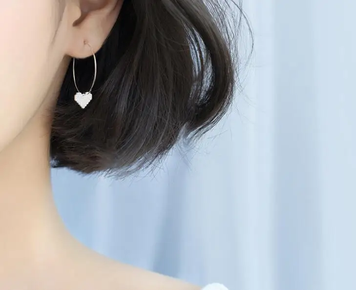 

Authentic 100% 925 Sterling Silver fine Jewelry big &Thin circle white zirconia set love heart Hoop HUggie Earrings gtle2323