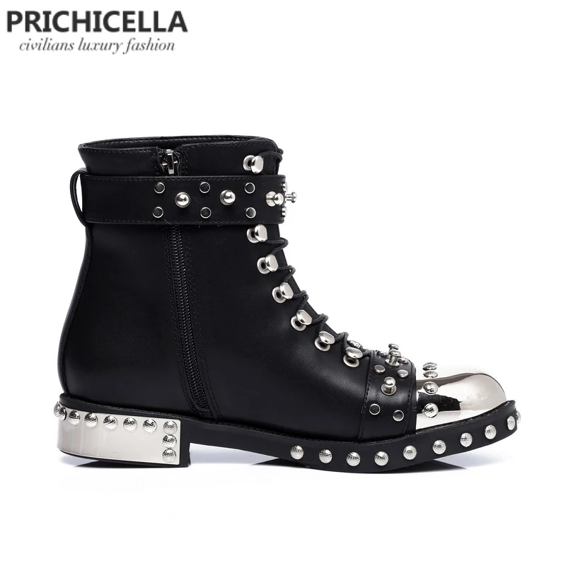 PRICHICELLA/качественные черные ботильоны на плоской подошве из натуральной кожи на шнуровке с шипами; зимние ботинки в байкерском стиле