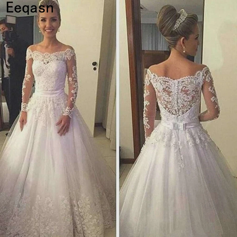 

Long Sleeves Wedding Dress Lace A Line Floor Length Bridal Gown Turkey Vestidos de Noiva robe mariage femme 2018