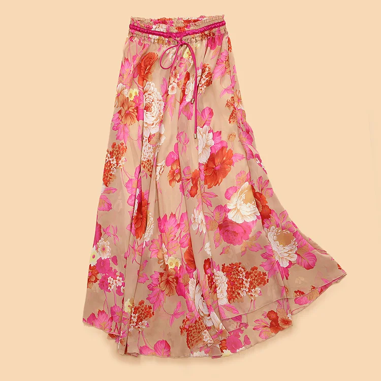 

2018 Summer style new arrival elegant drawstring elastic waist flower chiffon bust Bohemia skirts women colthing