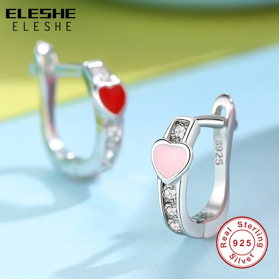 ELESHE Red Enamel Heart Small Stud Earrings Cubic Zirconia 925 Sterling Silver Earrings For Girls Child Kids Silver Jewelry Gift