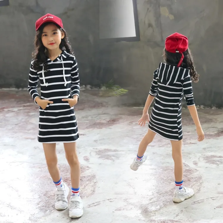Girls Dress 3 10 to 12 years Striped Dress For Girls Casual Long Sleeve Infantil Children Clothing Hooded Vestidos costume kids
