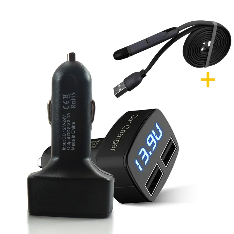 Set of Mobile Phone Car Charger Dual USB Voltage Led Display with 2 in