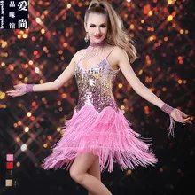 Леди латинских танцев пайетки кисточкой взрослых Латинской платье для танцев Для женщин ча-ча Самба Танцы форма B-4201