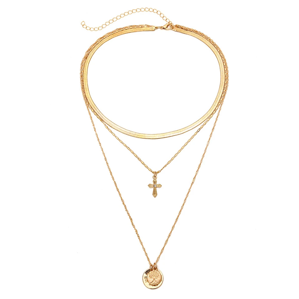 

Handmade Multi Chains Necklace for Women Elegant New Fashion Jewelry Layered Chain Gold Silver Color Cross Pendant Necklace
