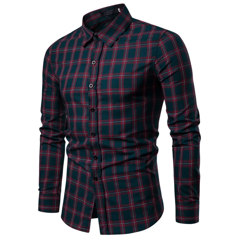 Drop Shipping Men Plaid Shirt Long Sleeve Shirts 2019 Fashion Casual Red Checkered Cotton Chemise Homme Man Clothes