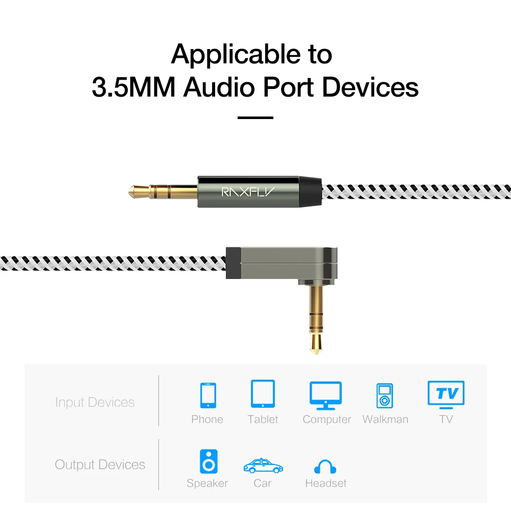 RAXFLY [0.5M 1M 2M] 3.5MM AUX Cable For Car Speaker 3.5 Jack Male to Male Audio Cable 90 Degree Angle Jack 3.5 For Headphone MP3