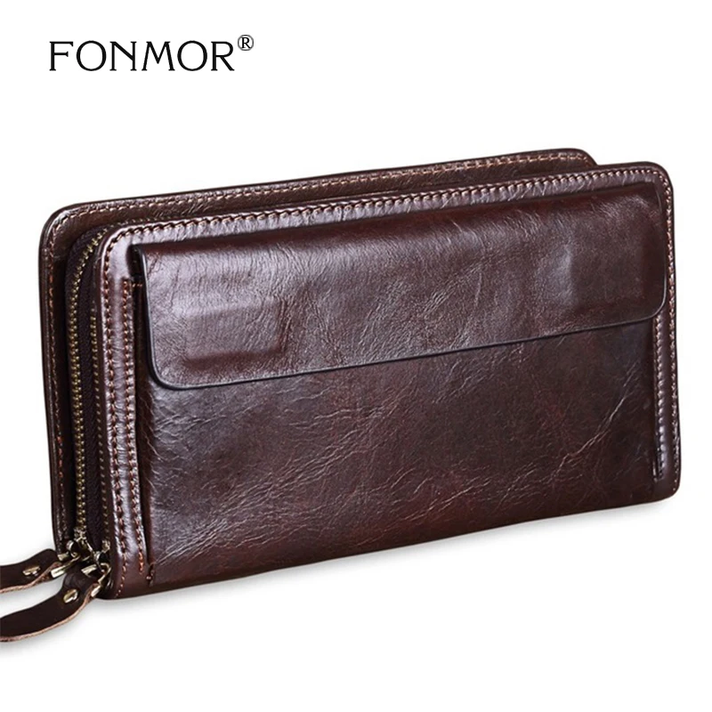 

2019 New Cowhide Men Clutch Wallets Genuine Leather Long Purses Business Large Capacity Wallet Double Zipper Phone Bag For Male