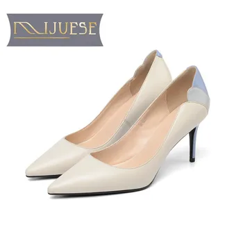 

MLJUESE 2019 women pumps autumn spring cow leather Rome style mixed colors pointed toe high heels lady shoes party dress wedding