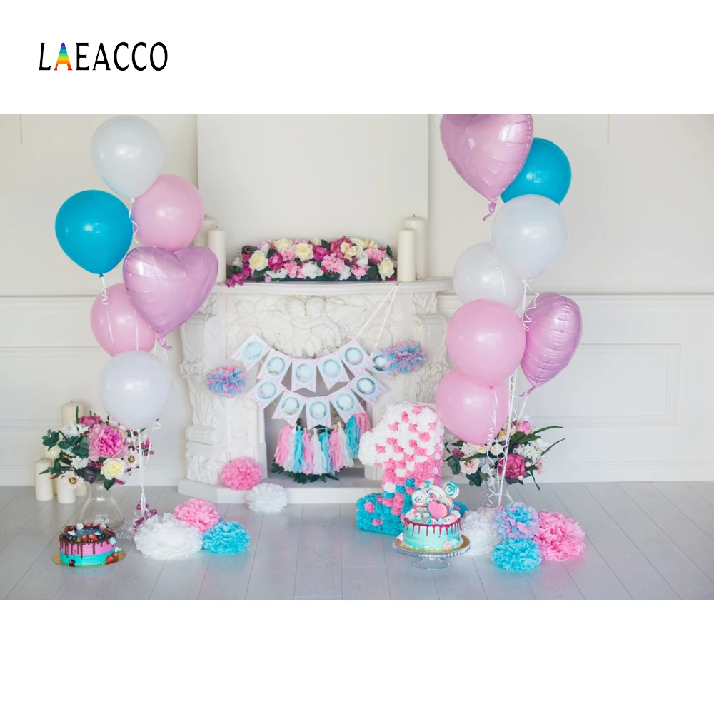 

Laeacco Pink Balloons Baby Birthday Fireplace Cake Flowers Photo Backgrounds Customized Photographic Backdrops For Photo Studio