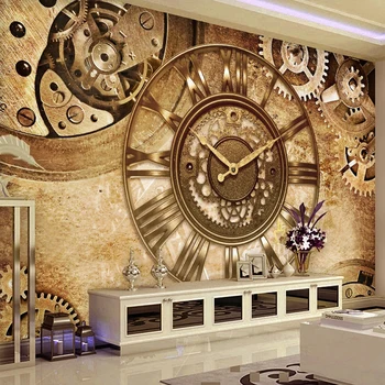 

Photo Wallpaper Retro Gear Clock Murals Living Room Restaurant Cafe KTV Bar Wall Painting Self-Adhesive Waterproof 3D Stickers