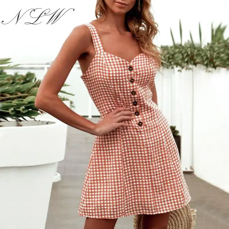 

NLW Vintage Orange Plaid Dress Button A-line Short Sundress Backless Summer Mini Dress 2019 Spaghetti Strap Dress Vestidos