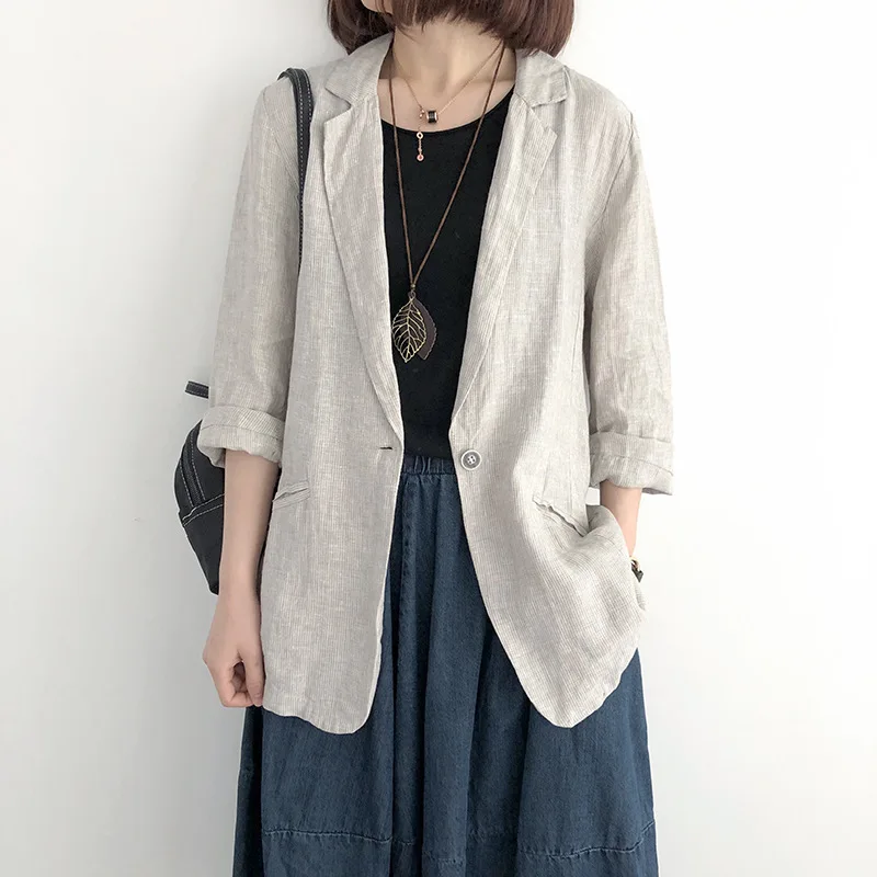 

2019 NEW outerwear loose linen suits blazer women long section single buckle women's casual thin jacket ladies blazer mujer