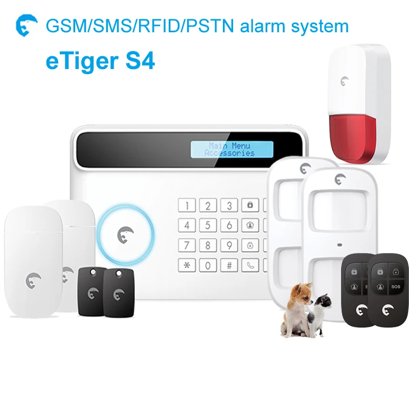 

Nameable 50 zones security alarm etiger S4 gsm alarm system door sensor motion sensor water sensor smoke sensor alarm siren