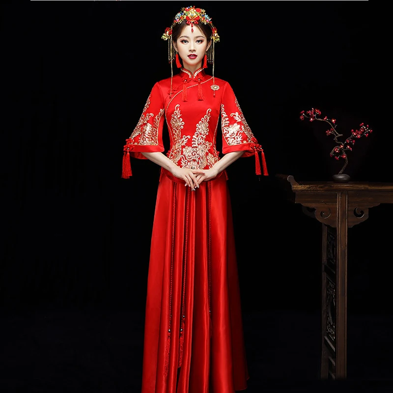 

New Red traditional chinese wedding dress Qipao National Costume Womens Overseas Chinese Style Bride Embroidery Cheongsam S-XXL