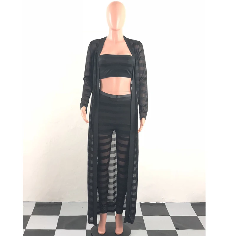 women striped Three piece set Long coat + strapless + trouserst 2018 summer sexy Three pieces of fashio Striped Perspective S-XL Women's Sets