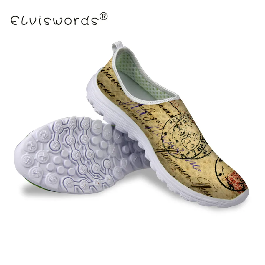 

ELVISWORDS Vintage Women Shoes Landscape Prinitng Casual Mesh Footwear For Female Girl Retro Letter Lady Slip-on Flats Wholesale
