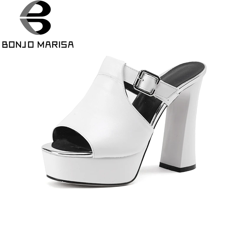 

BONJOMARISA 2018 Summer New Brand Mules Shoes Big Size 34-42 Chunky High Heels Shoes Woman Buckle slip-on Woman Pumps