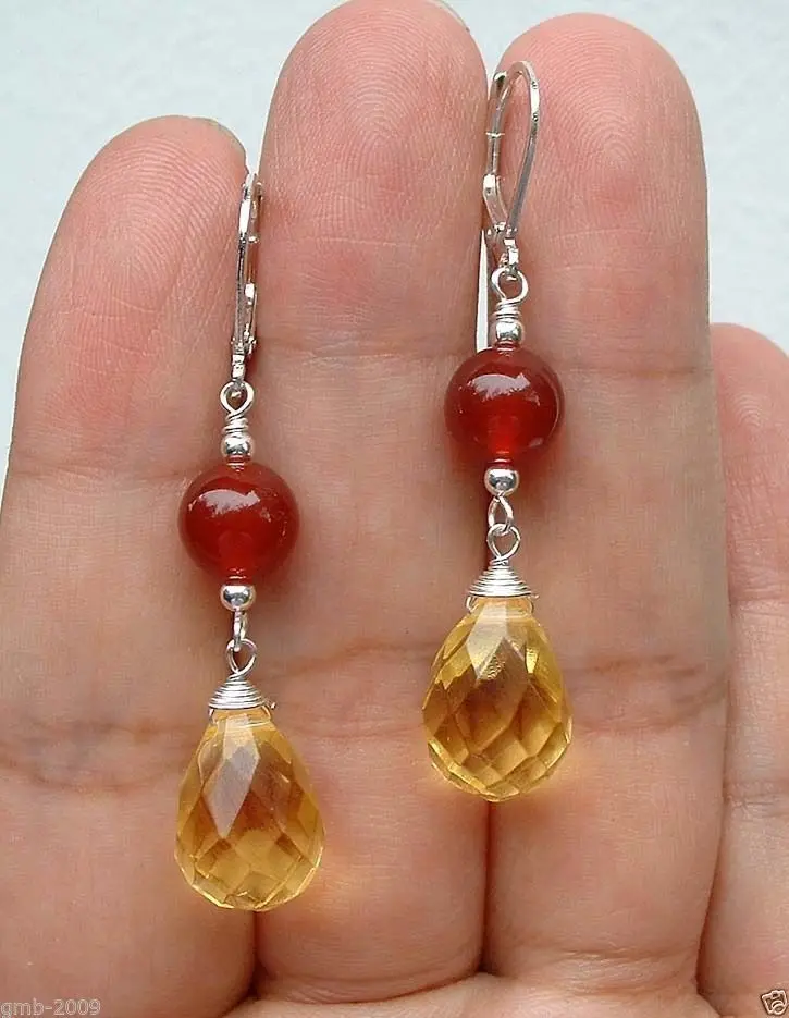 

HOT SELL - > New Faceted Citrine Quartz W. Red Carnelian Sterling Silver Earrings -Top quality free shipping