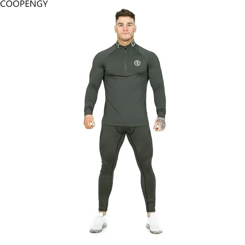 

Men's Sportwear Sweatshirt Tracksuit Without Hoodie Men Printed High Elasticity Set Men Muscle Shirt Leggings Bodybuilding Suit