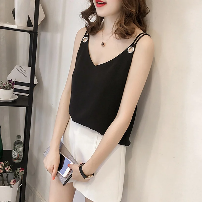 

Women Chiffon Blusas Tank Top Summer Sleeveless V Neck Cami Loose Female Tops Vest