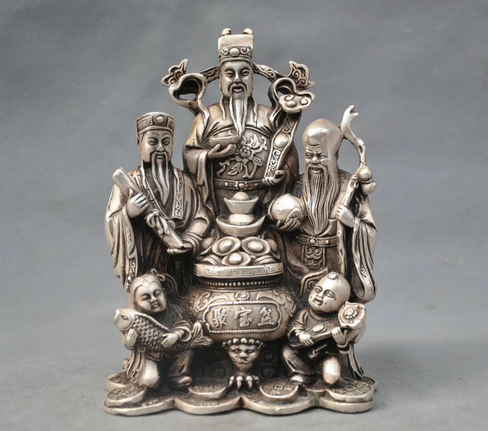 

7" China Silver Bronze Fu Lu Shou 3 Star Mammon Boy Fish Statue