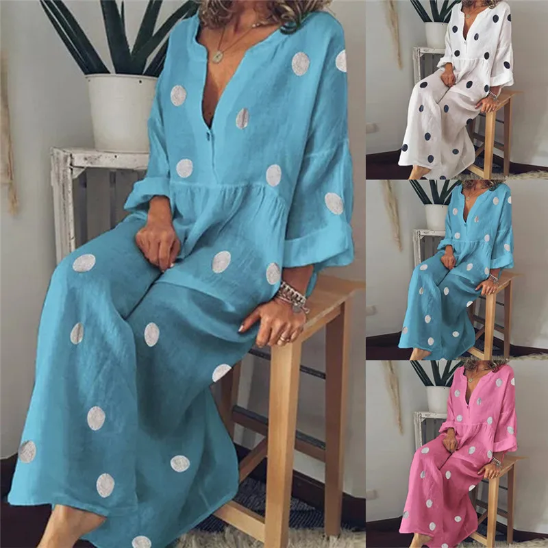 Новая Мода Boho женская летняя в горошек Длинная женская одежда макси v-образный вырез летнее женское платье богемное свободное платье три четверти