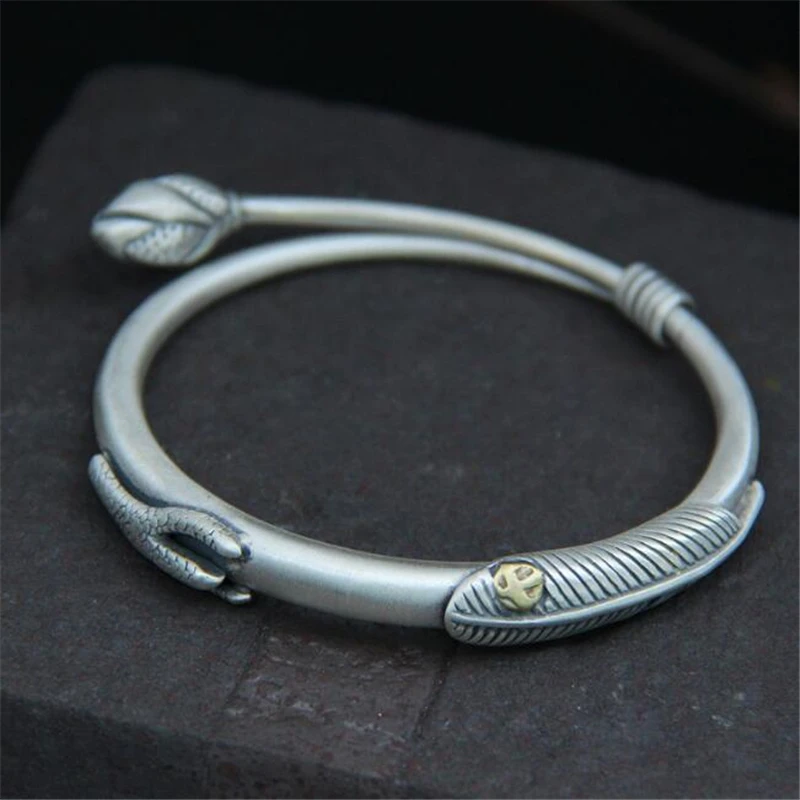

Vintage Style Antique 990 Sterling Silver Eagle Talon Feather Bracelet Lotus Bud Adjustble Bangle 14mm Wide 28.50G