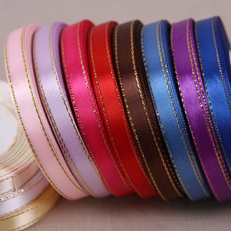 (25 yards/roll) 3/8'' (10mm) Gold edge ribbon satin ribbons high
