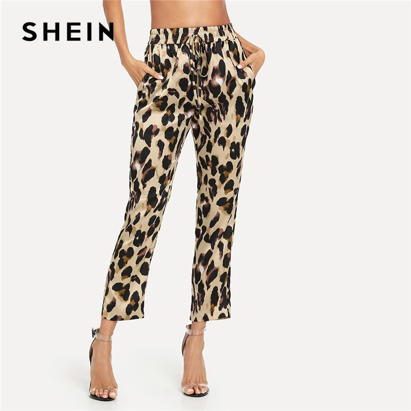 Goede SHEIN Multicolor Pocket Patched Trekkoord Luipaard Broek Toevallige Elastische Taille Tapered Wortel Broek Vrouwen Herfst Crop Broek