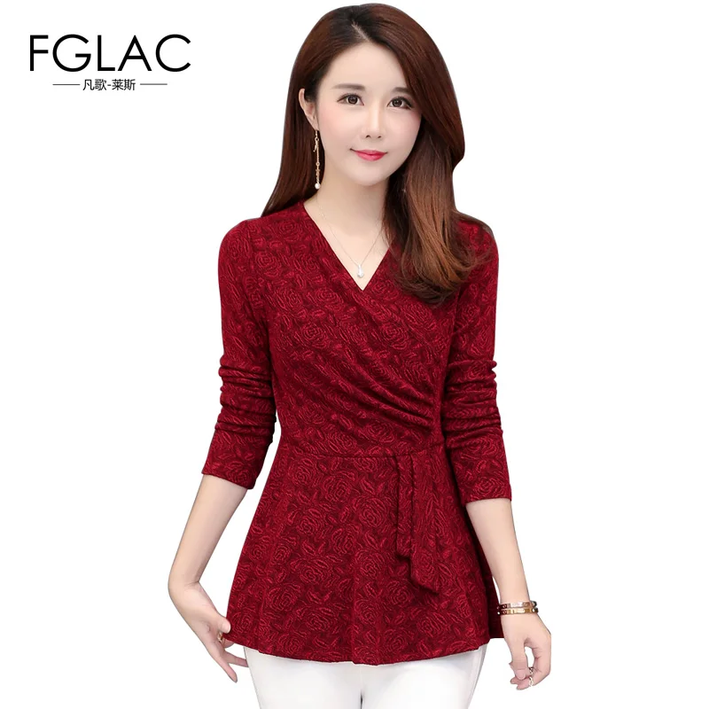 

FGLAC Women blouse New Fashion Casual long sleeve V-Neck Autumn shirt Elegant Slim High waist Ruffle blouse plus size shirt