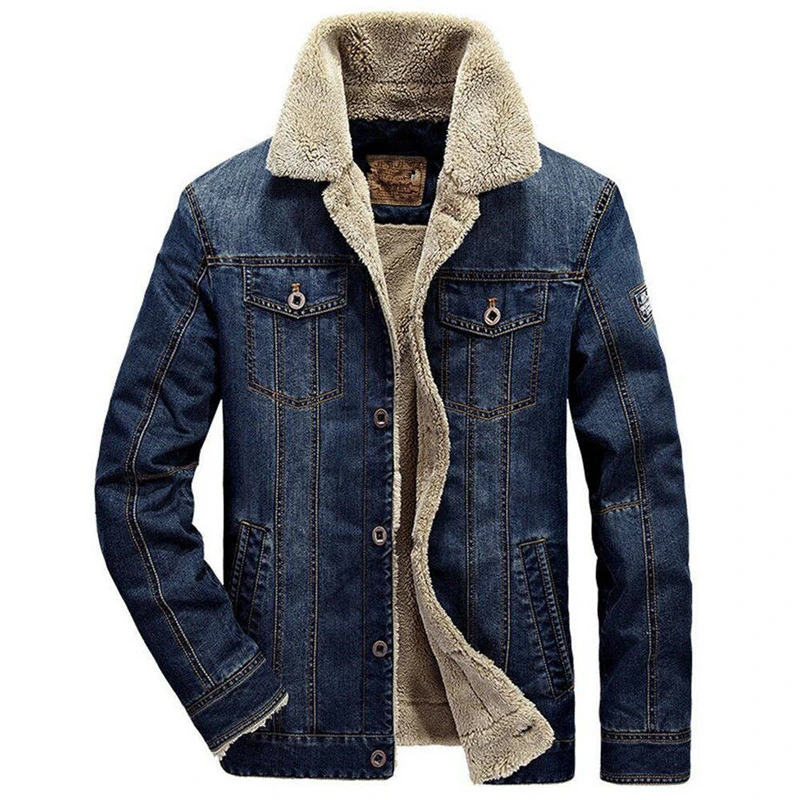 

Denim Fleece Jacket Men 2019 Winter Fur Collar Retro Jeans Thick Warm Parka Coats Bomber Jacket Outwear Male Cowboy Jackets 6XL