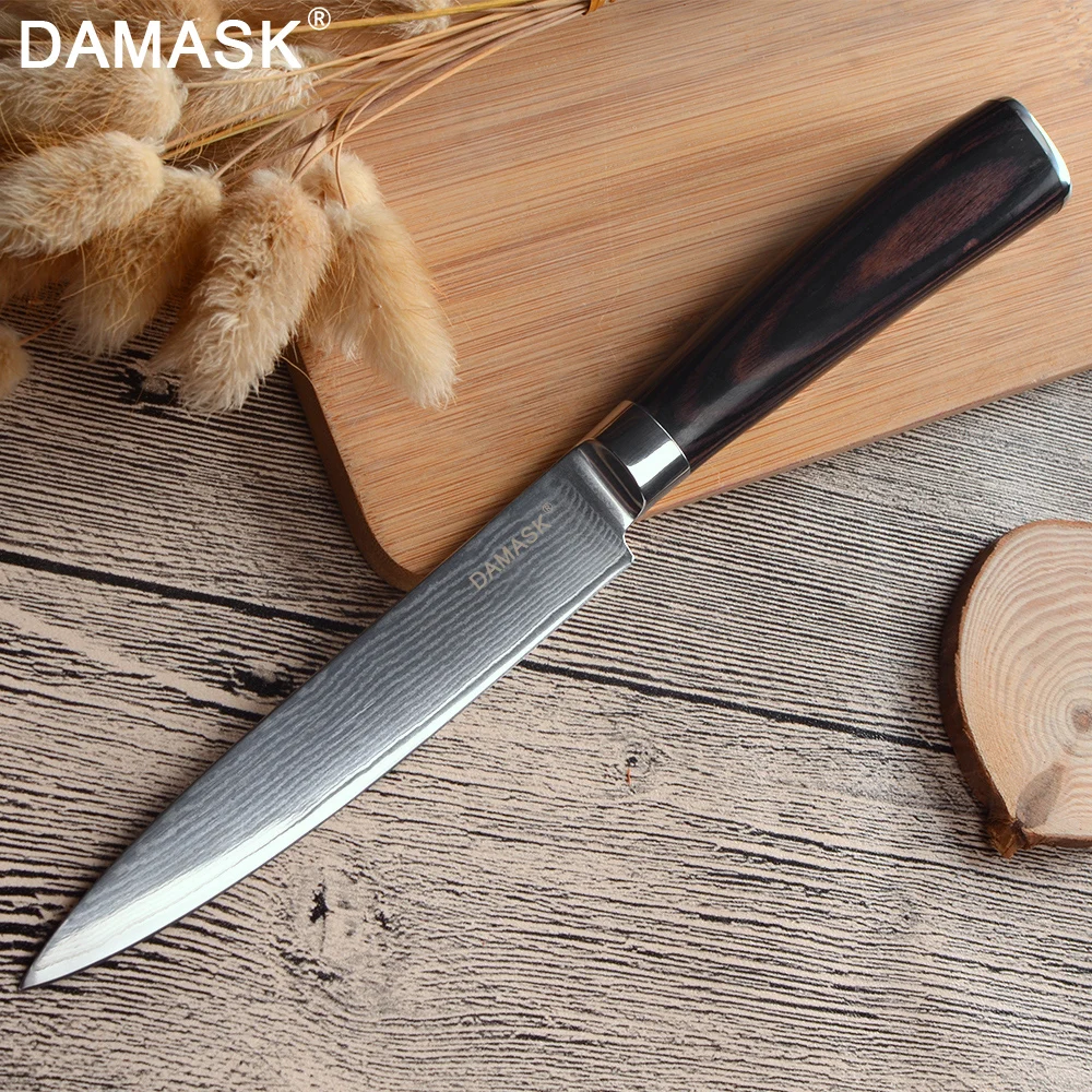 

Damask 5 inch Damascus Steel Utility Knife 67 Layer VG10 Razor Sharp Knive Japanese Damascus Chef Knife Pakka Wood Handle Slicer