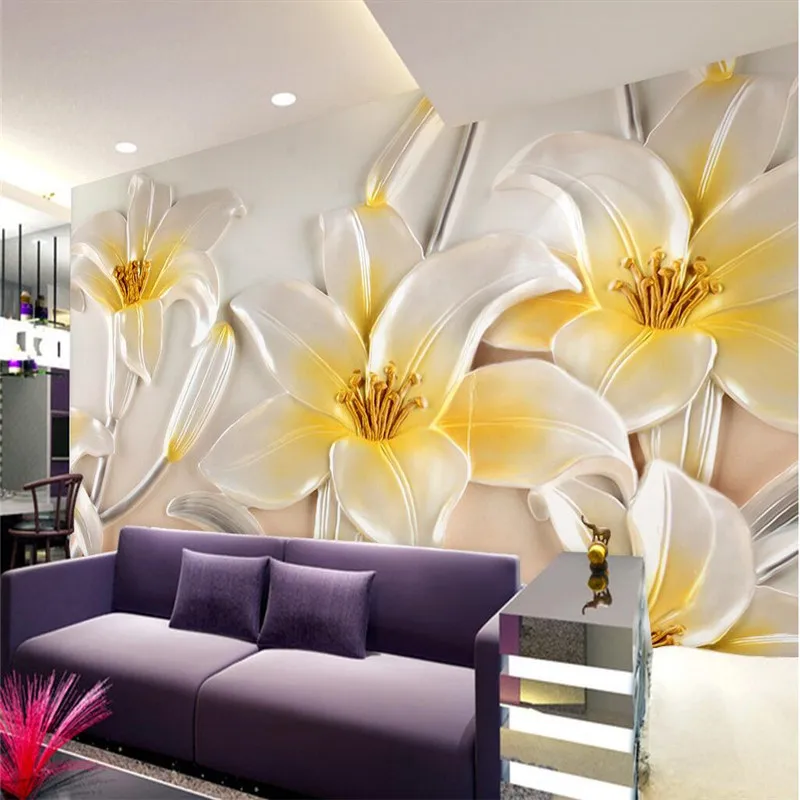 Beibehang mural para sala de estar hd alívio lotus pared papel parede ...