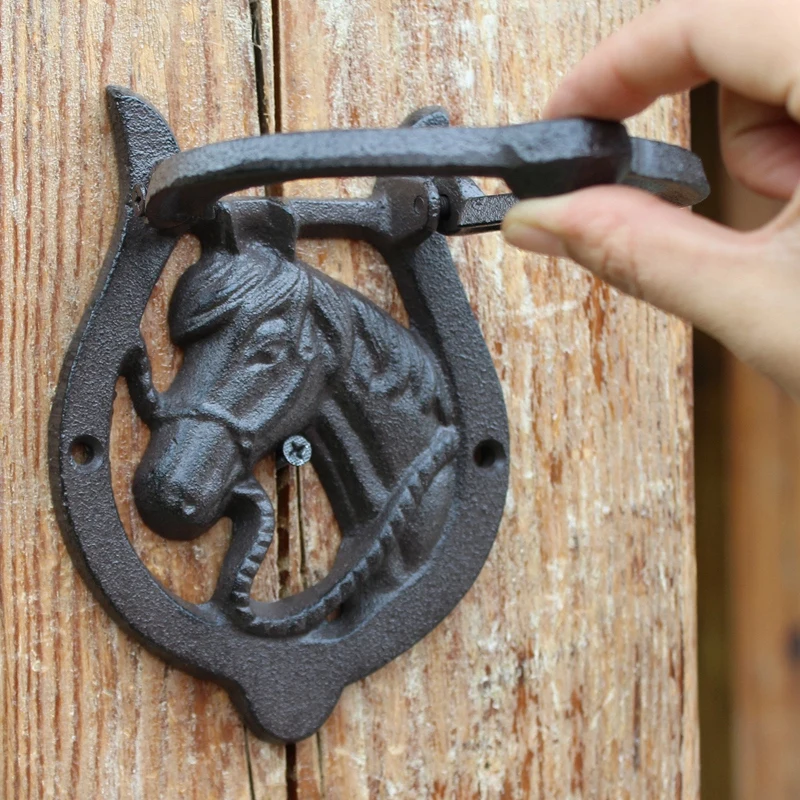 Rustic Iron Horse Head /& Horse Shoe Door Knocker Horseshoe Lodge Western Decor