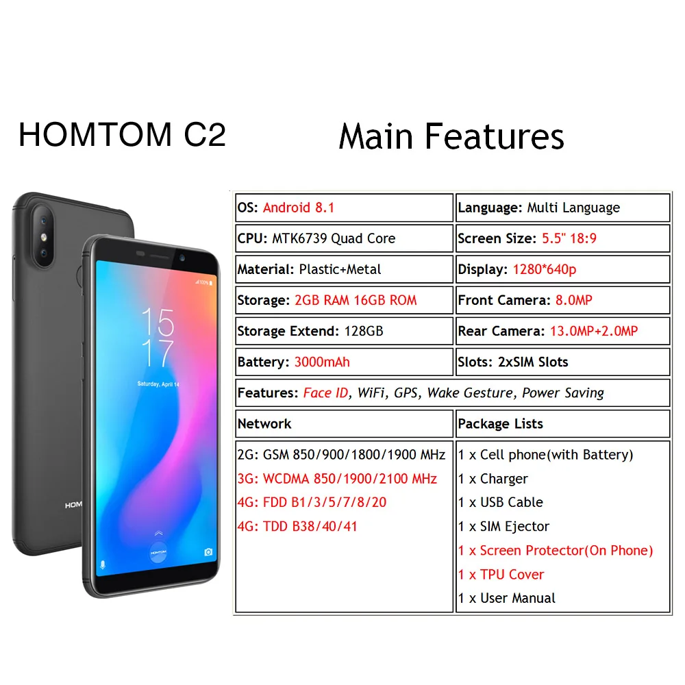 HOMTOM C2, 4G, 5,5 дюйма, 2 ГБ, 16 ГБ, Android 8,1, 13 МП, две камеры заднего вида, 3000 мАч, 18:9 Безель, мобильные телефоны, смартфон с функцией распознавания лица